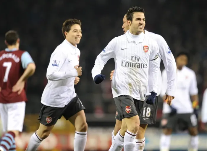 Framed Print : Cesc Fabregas celebrates scoring the Arsenal goal with Samir Nasri and Mikael Silvestre Framed Print : Cesc Fabregas celebrates scoring the Arsenal goal with Samir Nasri and Mikael Silvestre