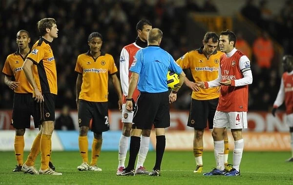 Cesc Fabregas Confronts Referee Mark Halsey During Arsenal's 2-0 Win Over Wolverhampton Wanderers