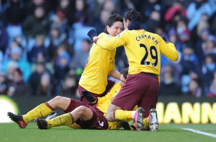 Framed Print : Chamakh, Nasri, and Rosicky: Arsenal's Triumphant Moment as They Celebrate a 3-2 Win Over Aston Villa Framed Print : Chamakh, Nasri, and Rosicky: Arsenal's Triumphant Moment as They Celebrate a 3-2 Win Over Aston Villa