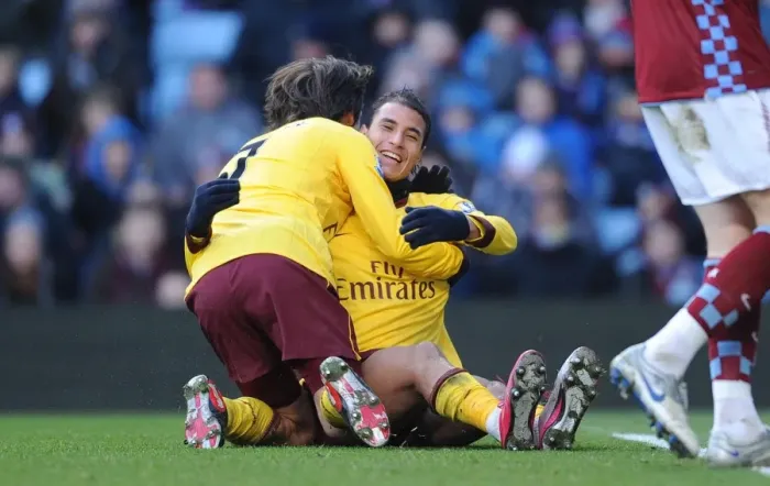 Framed Print : Chamakh and Rosicky: Celebrating Arsenal's 3rd Goal in Aston Villa's Villa Park (3:2 BPL Victory) Framed Print : Chamakh and Rosicky: Celebrating Arsenal's 3rd Goal in Aston Villa's Villa Park (3:2 BPL Victory)
