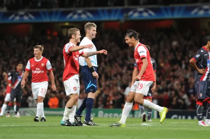 Framed Print : Chamakh and Wilshere: Arsenal's Unstoppable Duo Celebrates 3rd Goal vs. SC Braga in Champions League