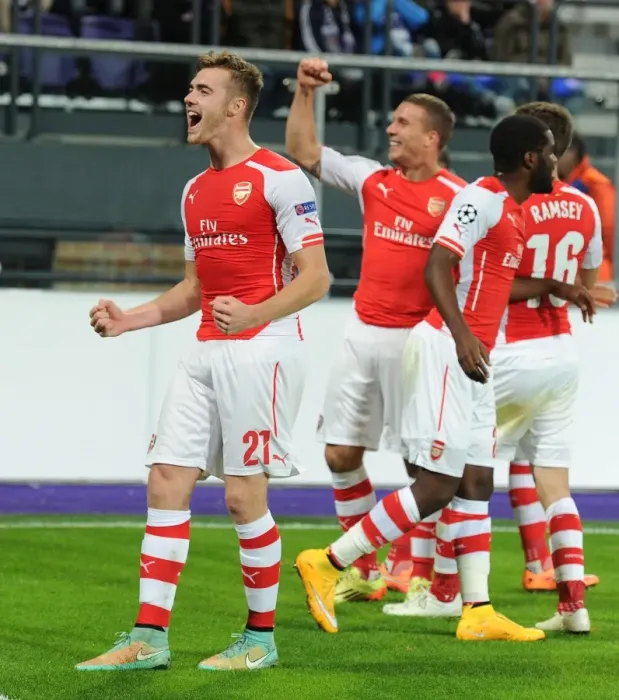 Framed Print : Chambers and Podolski Celebrate Arsenal's Goals in Anderlecht Victory, UEFA Champions League 2014-15 Framed Print : Chambers and Podolski Celebrate Arsenal's Goals in Anderlecht Victory, UEFA Champions League 2014-15