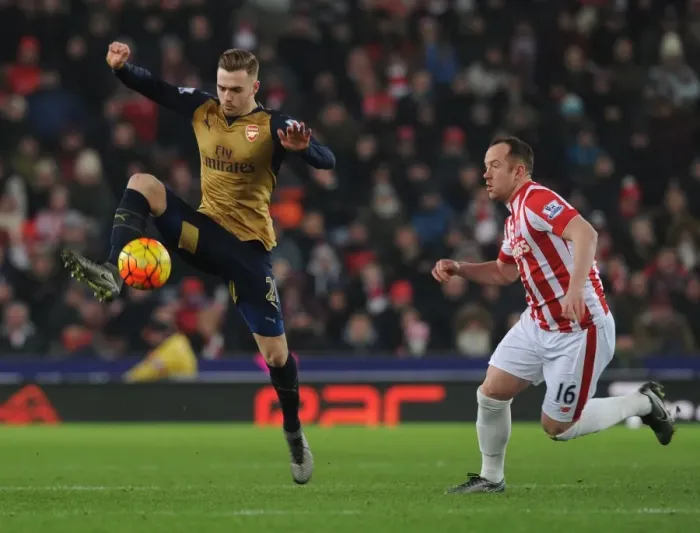 Framed Print : Chambers Seizes Control: Arsenal vs Stoke City, Premier League 2015-16