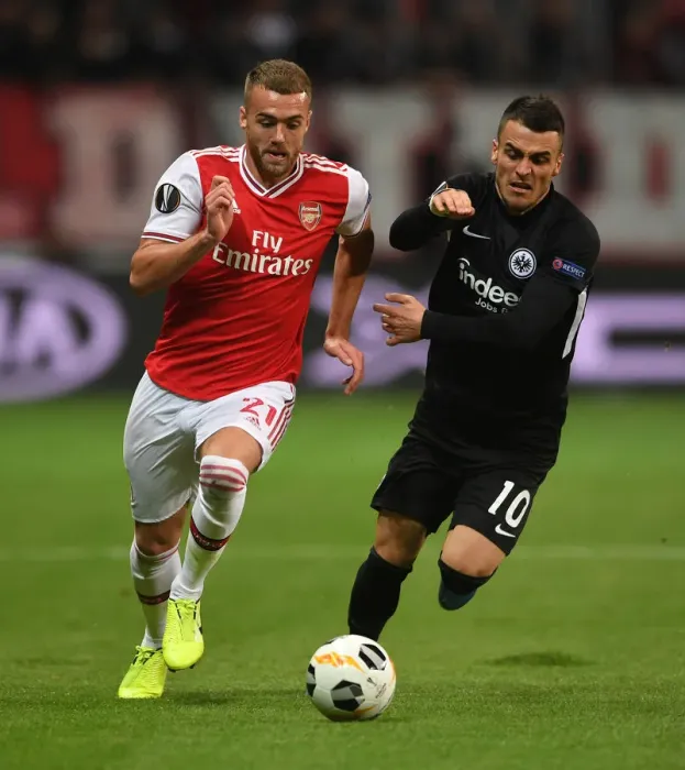 Framed Print : Chambers vs. Kostic: A Europa League Battle at the Heart of Arsenal-Eintracht Clash
