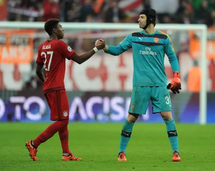 Framed Print : Champions Greeting: Petr Cech and David Alaba Exchange Handshakes during Bayern Munich vs Arsenal UCL Clash, 2015 Framed Print : Champions Greeting: Petr Cech and David Alaba Exchange Handshakes during Bayern Munich vs Arsenal UCL Clash, 2015
