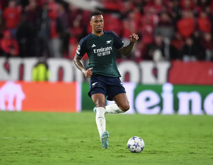 Framed Print : Champions League Group B: Gabriel Magalhaes of Arsenal Faces Off Against Sevilla FC at Estadio Ramon Sanchez Pizjuan, 2023-24