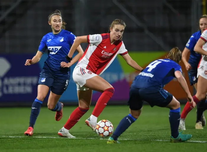Framed Print : Champions League Showdown: Miedema's Determined Battle Against Hoffenheim's Defense Framed Print : Champions League Showdown: Miedema's Determined Battle Against Hoffenheim's Defense