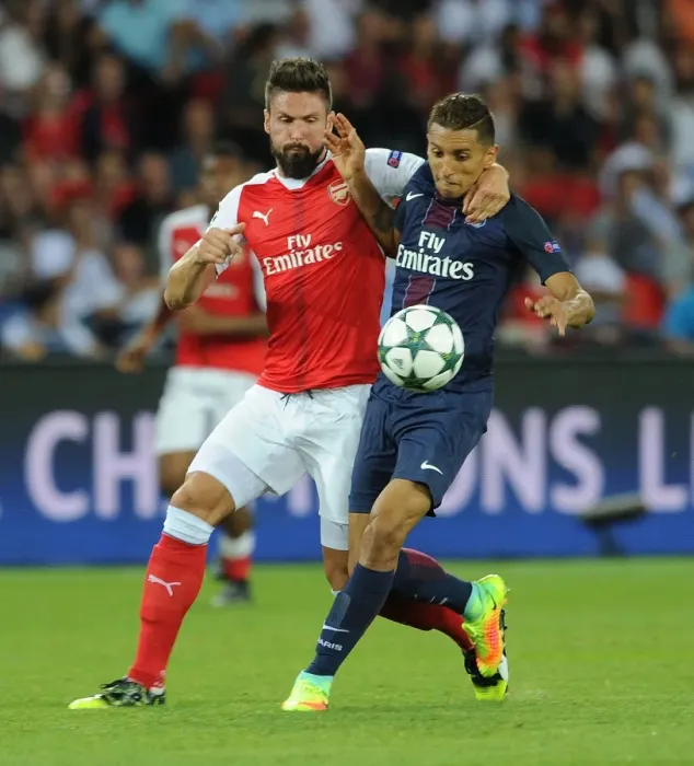 Framed Print : Champions League Showdown: Olivier Giroud vs. Marquinhos - Paris Saint-Germain vs. Arsenal (2016-17): A Clash of Titans
