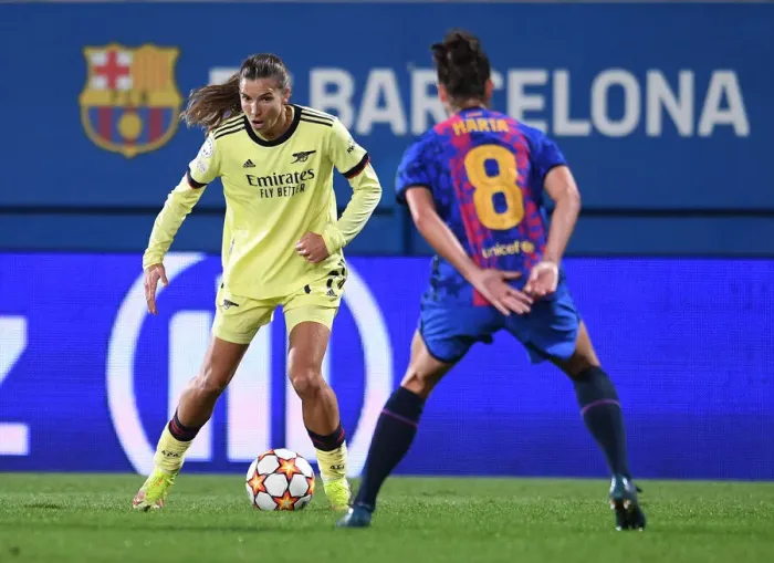 Framed Print : Champions League Showdown: Tobin Heath Leads Arsenal Against FC Barcelona