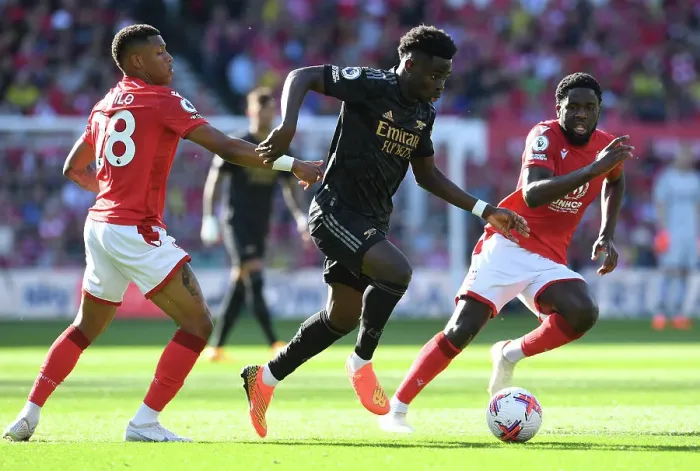 Framed Print : Charging Ahead: Bukayo Saka's Brilliant Performance Leads Arsenal to Victory over Nottingham Forest, Premier League 2022-23