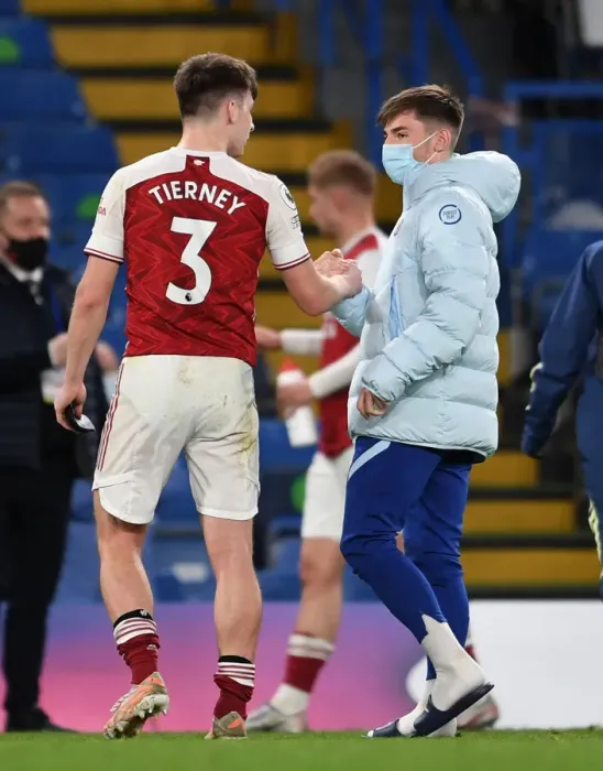 Framed Print : Chelsea vs. Arsenal: Post-Match Chat Between Kieran Tierney and Billy Gilmour Amid Empty Stamford Bridge (Premier League 2020-21)