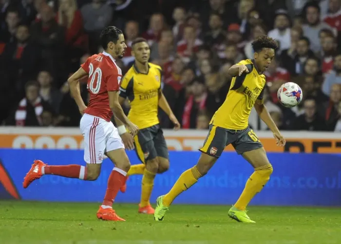 Framed Print : Chris Willock (Arsenal) Lica (Forest). Nottingham Forest 0: 4 Arsenal. EPL League Cup Framed Print : Chris Willock (Arsenal) Lica (Forest). Nottingham Forest 0: 4 Arsenal. EPL League Cup