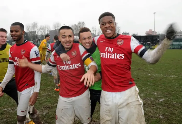 Framed Print : Chuba Akpom, Brandon Ormonde-Ottewill and Nico Yennaris (Arsenal) celebrates after the match Framed Print : Chuba Akpom, Brandon Ormonde-Ottewill and Nico Yennaris (Arsenal) celebrates after the match