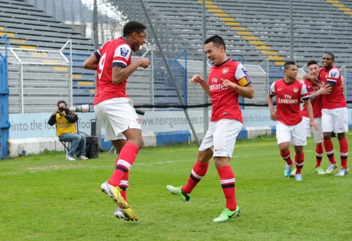 Framed Print : Chuba Akpom and Nico Yennaris Celebrate Arsenal's Goal in NextGen Series Semi-Final against Chelsea Framed Print : Chuba Akpom and Nico Yennaris Celebrate Arsenal's Goal in NextGen Series Semi-Final against Chelsea