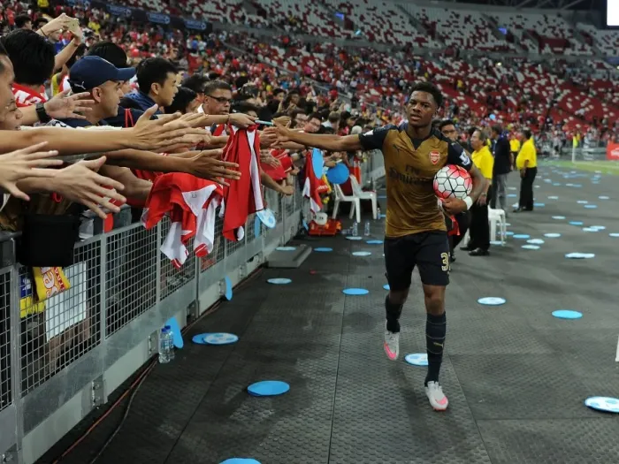 Framed Print : Chuba Akpom Scores and Celebrates Epic Goal with Arsenal Fans in Arsenal v Singapore XI Match, 2015