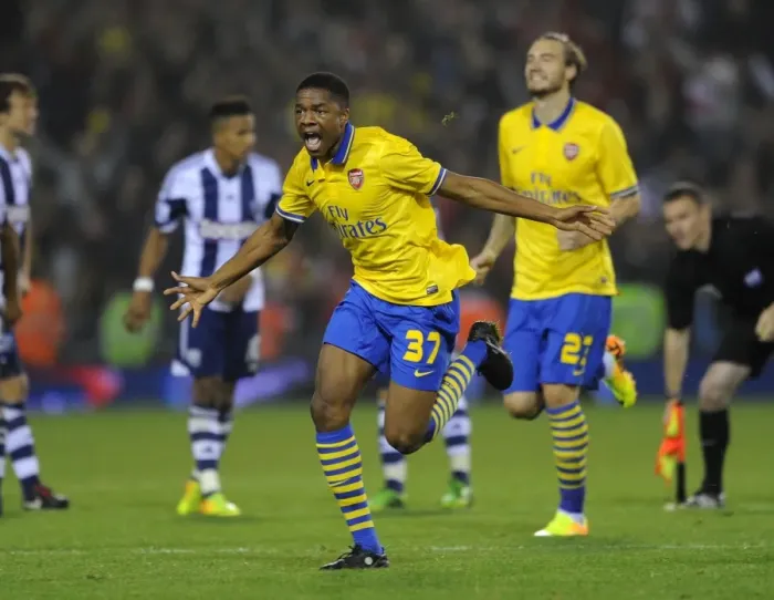 Framed Print : Chuba Akpom Scores the Game-winning Penalty: Arsenal Advance in Capital One Cup against West Bromwich Albion (2013-14)