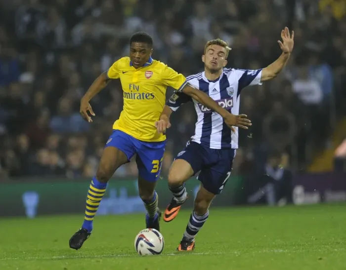 Framed Print : Chuba Akpom vs. James Morrison: Battle in the Capital One Cup (West Bromwich Albion vs. Arsenal, 2013-14)