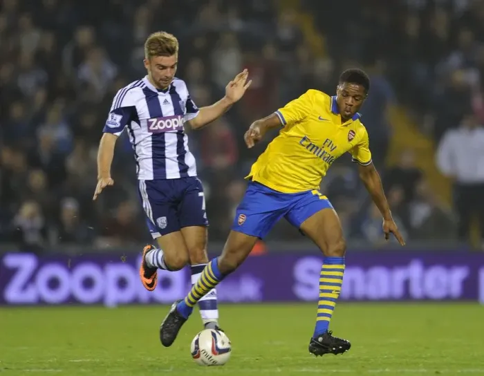 Framed Print : Chuba Akpom vs. James Morrison: Battle at The Hawthorns - Arsenal vs. West Bromwich Albion, Capital One Cup 2013-14 Framed Print : Chuba Akpom vs. James Morrison: Battle at The Hawthorns - Arsenal vs. West Bromwich Albion, Capital One Cup 2013-14