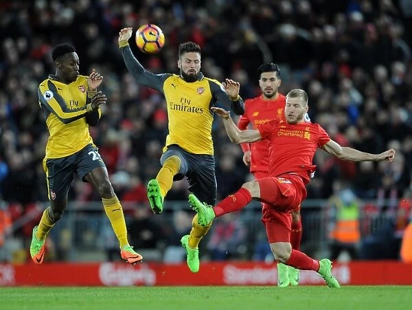 Clash at Anfield: Arsenal's Welbeck and Giroud Pressure Liverpool's Klavan (Premier League 2016-17)