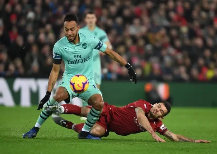Framed Print : Clash at Anfield: Aubameyang vs. Lovren - Liverpool vs. Arsenal, Premier League 2018-19