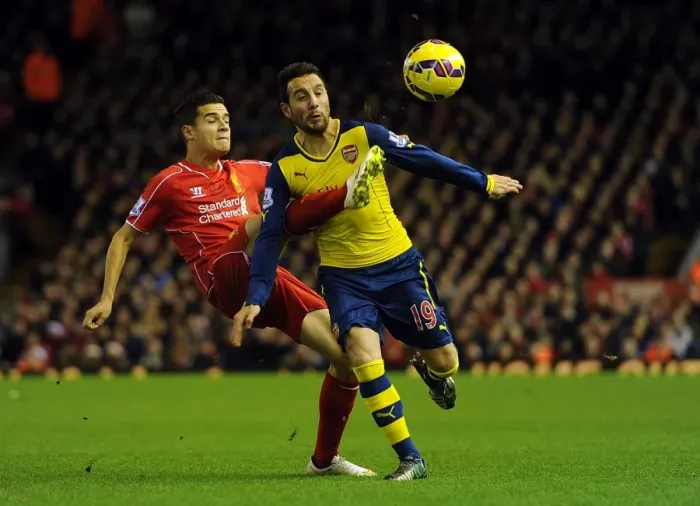 Framed Print : Clash at Anfield: Cazorla vs. Coutinho in the 2014 / 15 Premier League Battle between Liverpool and Arsenal Framed Print : Clash at Anfield: Cazorla vs. Coutinho in the 2014 / 15 Premier League Battle between Liverpool and Arsenal