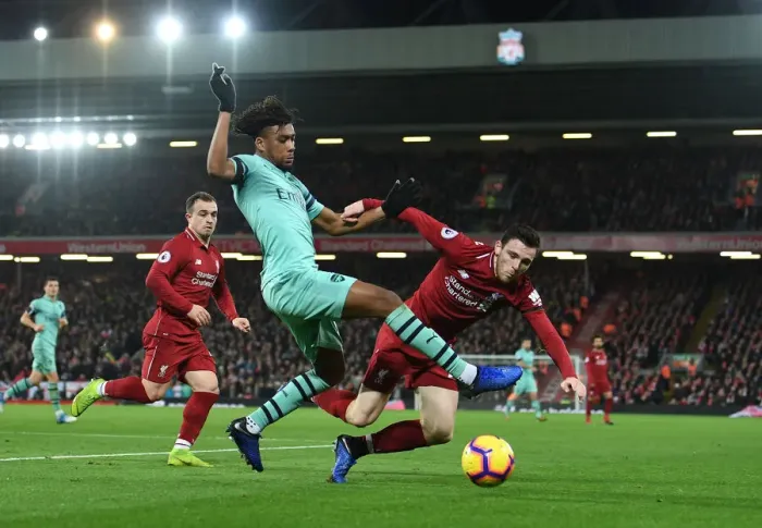 Framed Print : Clash at Anfield: Iwobi vs Robertson - Liverpool vs Arsenal, Premier League 2018-19