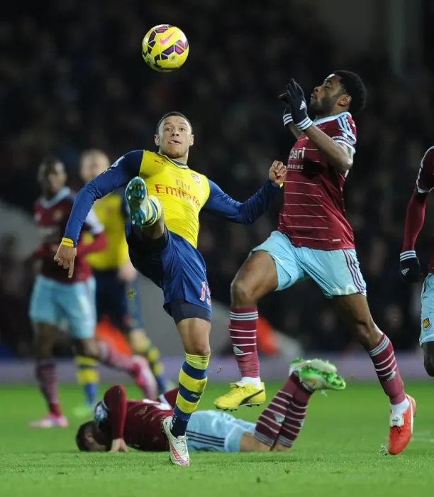 Framed Print : Clash at the Boleyn: Oxlade-Chamberlain vs. Song - West Ham United vs. Arsenal, Premier League 2014-15