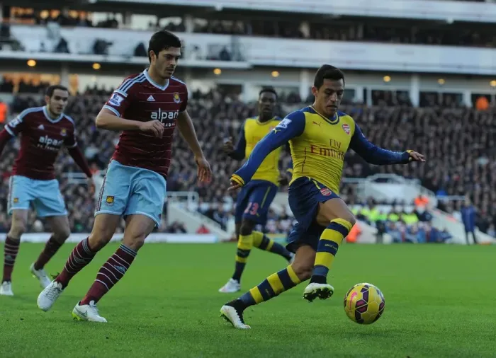 Framed Print : Clash at the Boleyn: Sanchez vs. Tomkins in the 2014-15 West Ham United vs. Arsenal Premier League Match