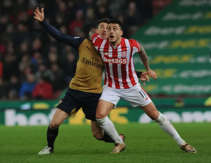 Framed Print : Clash at the Britannia: Koscielny vs. Joselu, Premier League 2015-16 Framed Print : Clash at the Britannia: Koscielny vs. Joselu, Premier League 2015-16