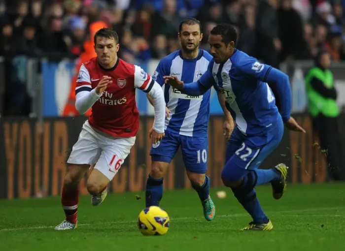 Framed Print : Clash of Champions: Ramsey vs. Beausejour - Wigan Athletic vs. Arsenal, Premier League, 2012
