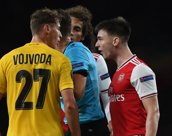 Framed Print : Clash of Defenders: Tierney vs Vojvoda - Arsenal vs Standard Liege, Europa League