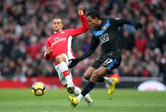 Framed Print : Clash at Emirates: Gael Clichy vs. Nani in Arsenal's 1-3 Defeat to Manchester United in the Barclays Premier League Framed Print : Clash at Emirates: Gael Clichy vs. Nani in Arsenal's 1-3 Defeat to Manchester United in the Barclays Premier League