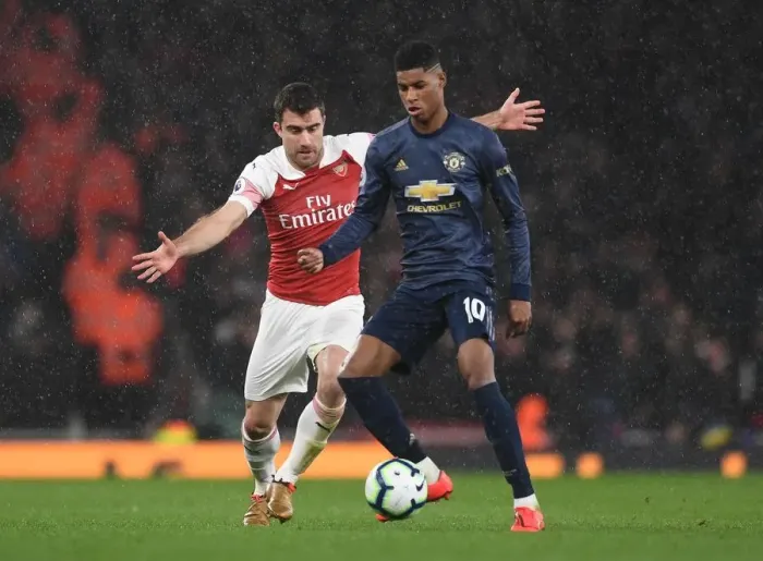 Framed Print : Clash at the Emirates: Sokratis vs. Marcus Rashford, Arsenal vs. Manchester United, Premier League