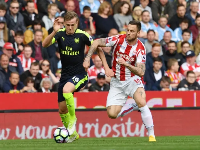 Framed Print : Clash of Forces: Holding vs Arnautovic - Stoke City vs Arsenal, Premier League Framed Print : Clash of Forces: Holding vs Arnautovic - Stoke City vs Arsenal, Premier League