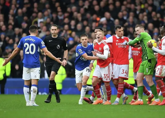 Framed Print : Clash at Goodison Park: Arsenal's Zinchenko Faces Off Against Everton's Maupay in Premier League Showdown Framed Print : Clash at Goodison Park: Arsenal's Zinchenko Faces Off Against Everton's Maupay in Premier League Showdown