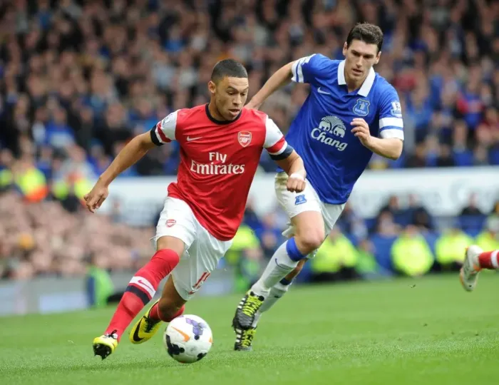 Framed Print : Clash at Goodison Park: Oxlade-Chamberlain vs. Barry