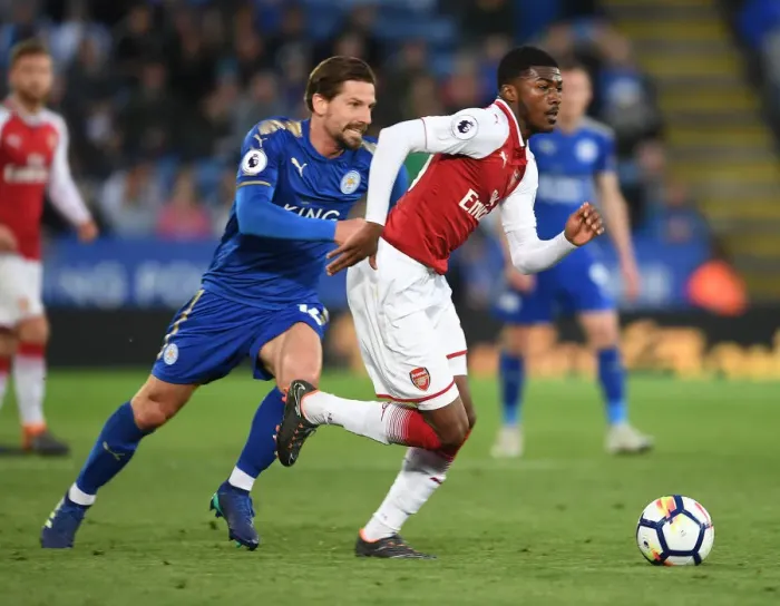 Framed Print : Clash at The King Power: Ainsley Maitland-Niles vs. Adrien Silva - Leicester City vs. Arsenal, Premier League 2017-18