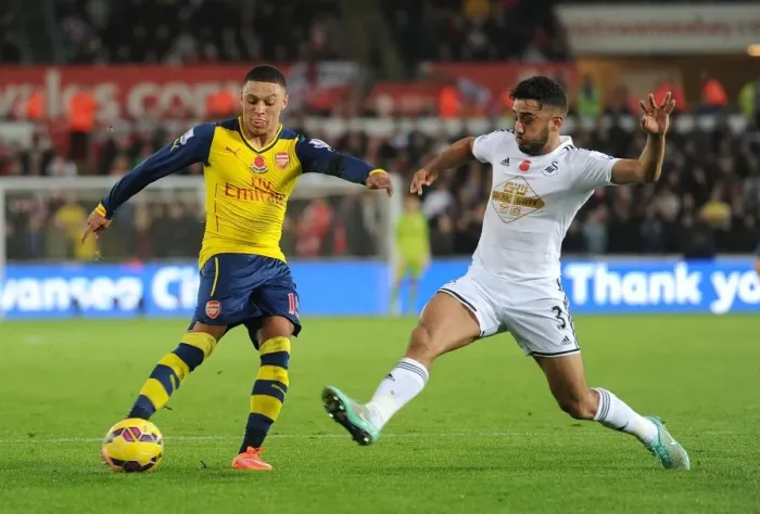 Framed Print : Clash at Liberty: Oxlade-Chamberlain vs Taylor - Arsenal vs Swansea, Premier League 2014: A Battle Between Two Stars