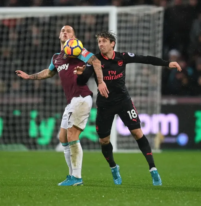 Framed Print : Clash at London Stadium: Monreal vs Arnautovic - Premier League Showdown Framed Print : Clash at London Stadium: Monreal vs Arnautovic - Premier League Showdown