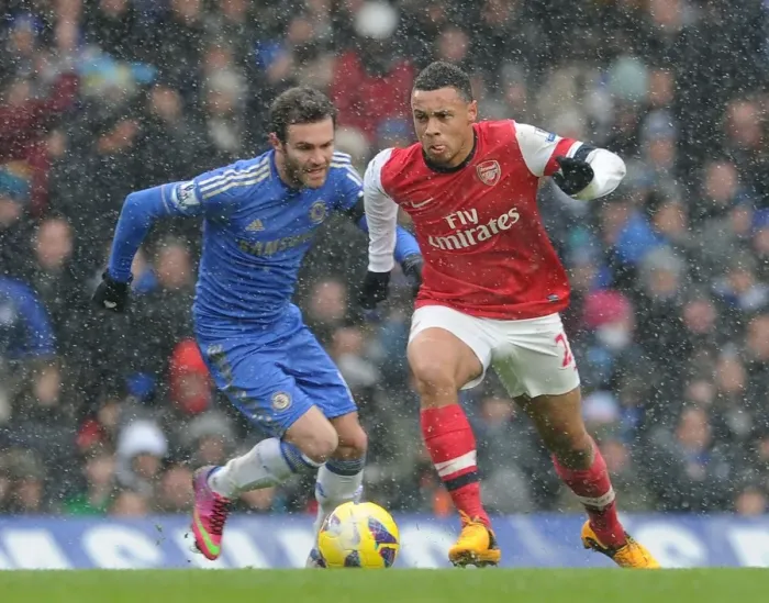 Framed Print : Clash of Midfield Maestros: Coquelin vs Mata - Chelsea vs Arsenal, Premier League 2012-13