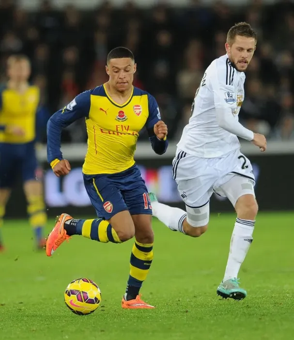 Framed Print : Clash of the Midfield Maestros: Oxlade-Chamberlain vs Sigurdsson (Swansea vs Arsenal, 2014-15)