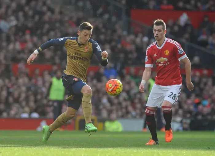 Framed Print : Clash of Midfield Maestros: Ozil vs. Schneiderlin at Old Trafford - Manchester United vs. Arsenal, Premier League 2015 / 16
