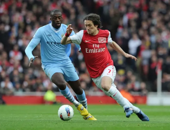 Framed Print : Clash of Midfield Maestros: Rosicky vs. Yaya Toure - Arsenal v Manchester City, Premier League, 2012