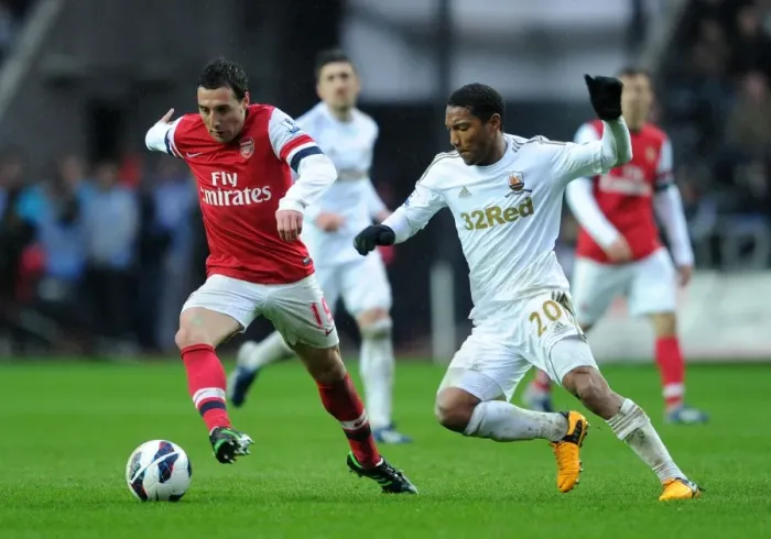 Framed Print : Clash of Midfield Maestros: Santi Cazorla vs. Jonathan De Guzman (Swansea City vs. Arsenal, 2012-13)