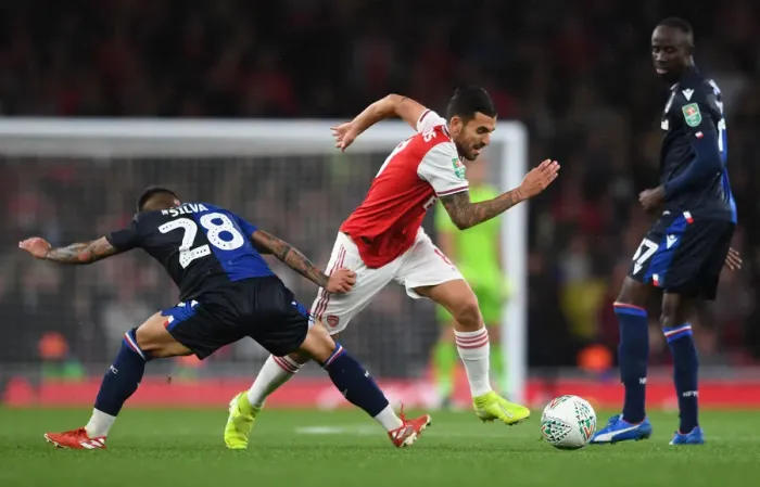 Framed Print : Clash of Midfield Titans: Ceballos vs Silva - Arsenal's Carabao Cup Showdown Framed Print : Clash of Midfield Titans: Ceballos vs Silva - Arsenal's Carabao Cup Showdown