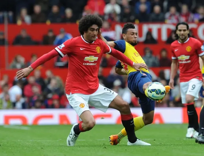 Framed Print : Clash of Midfield Titans: Coquelin vs. Fellaini, Manchester United vs. Arsenal, Premier League 2014-15 Framed Print : Clash of Midfield Titans: Coquelin vs. Fellaini, Manchester United vs. Arsenal, Premier League 2014-15