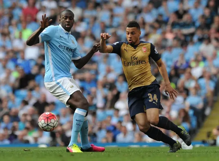 Framed Print : Clash of Midfield Titans: Coquelin vs. Yaya Toure - Manchester City vs. Arsenal, Premier League 2015-16