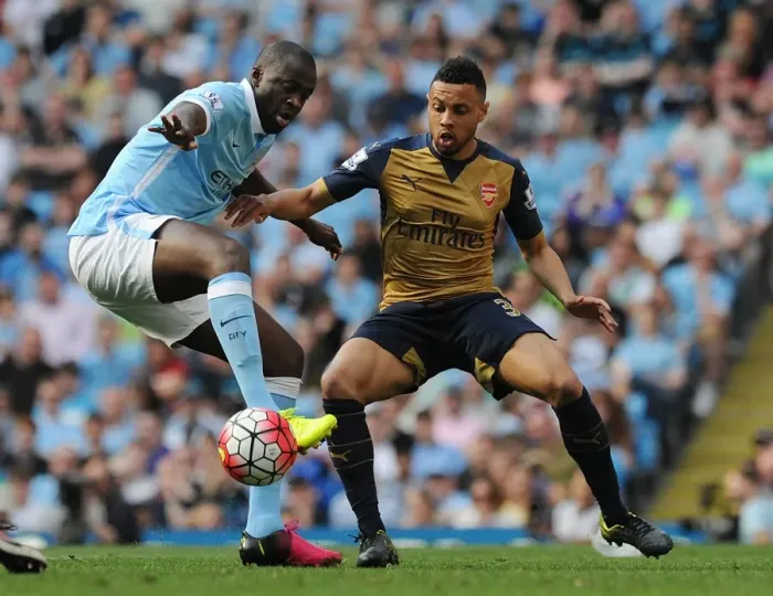 Framed Print : Clash of Midfield Titans: Coquelin vs. Yaya Toure, Manchester City vs. Arsenal, Premier League 2015-16