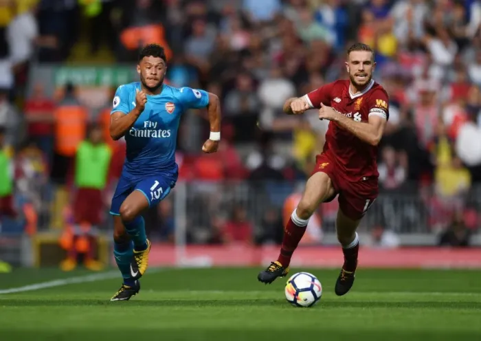 Framed Print : Clash of Midfield Titans: Oxlade-Chamberlain vs. Henderson - Liverpool vs. Arsenal, Premier League 2017-18