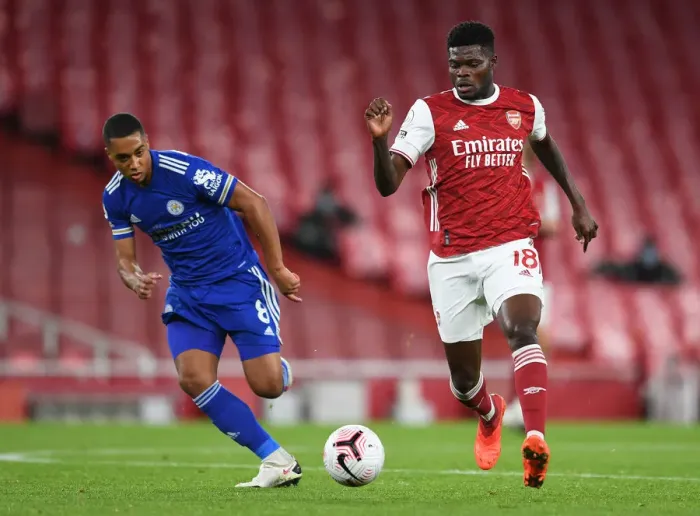 Framed Print : Clash of Midfield Titans: Partey vs Tielemans - Arsenal vs Leicester City, Premier League 2020-21 (Empty Emirates Stadium)